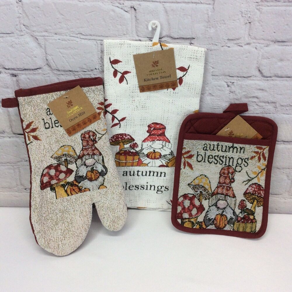 “Autumn Blessings” Gnomes 3 Piece Kitchen Set Dish Towel-Oven Mitt-Pot Holder